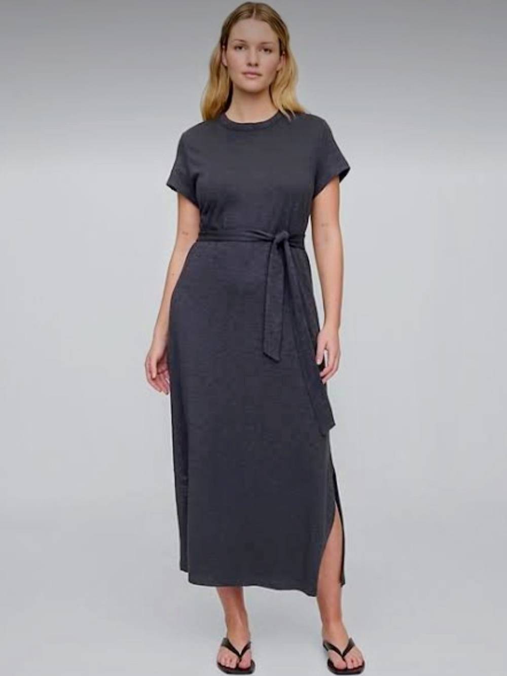 GAP Charcoal Tie-Waist T-shirt Midi Dress Organic Soft Cotton Short Sleeve